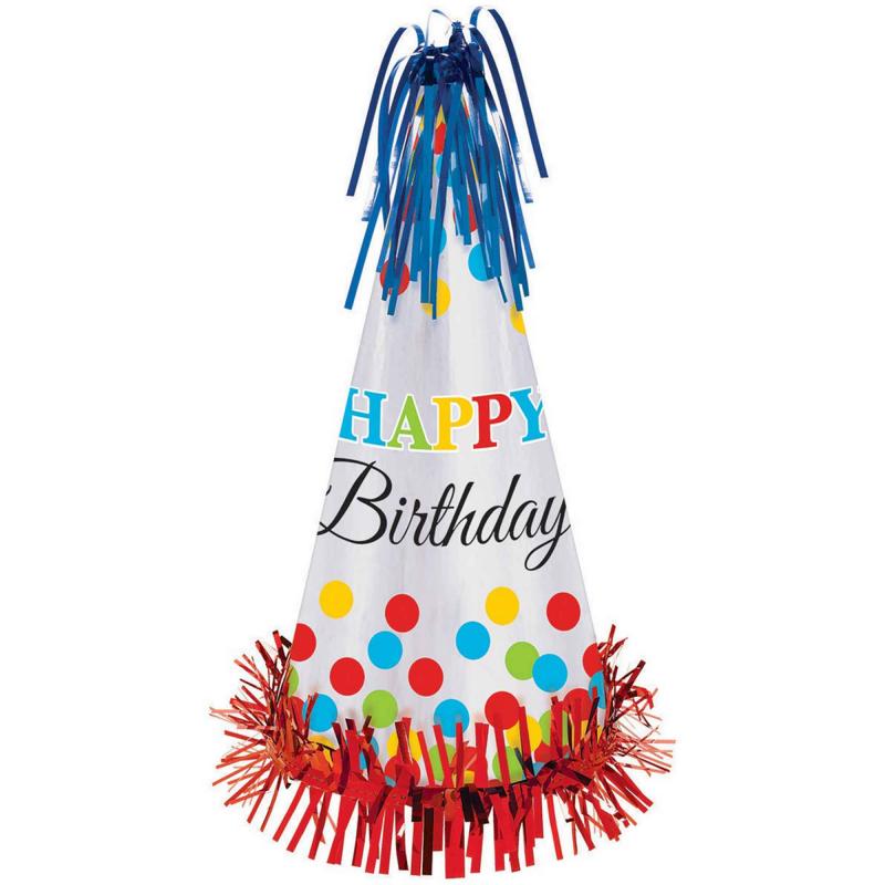 Party Cone Hat Happy Birthday Bright W/Foil Fringe 33cm Each