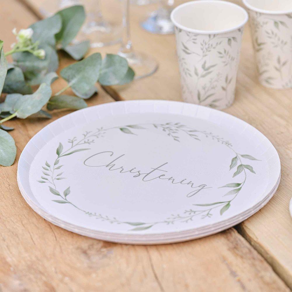 White & Green Christening Paper Plates Pk/8