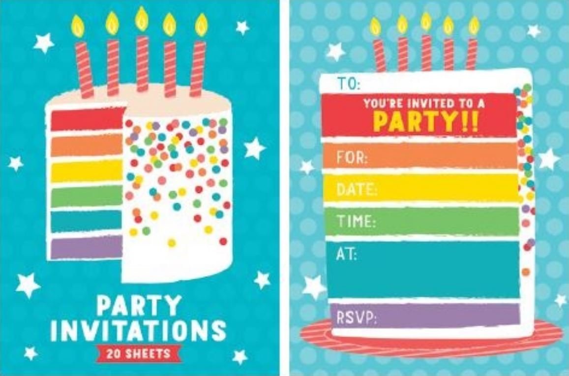 Party Invitation 20 Sheet Pad Rainbow Birthday Cake