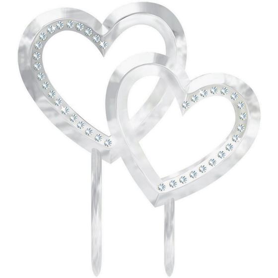 Cake Topper Silver Plastic Double Heart With Gems 12.7cm X 11.1cm