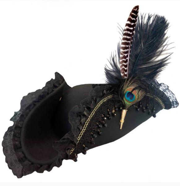 Hat Pirate Tricorn W/Quill & Lace Deluxe