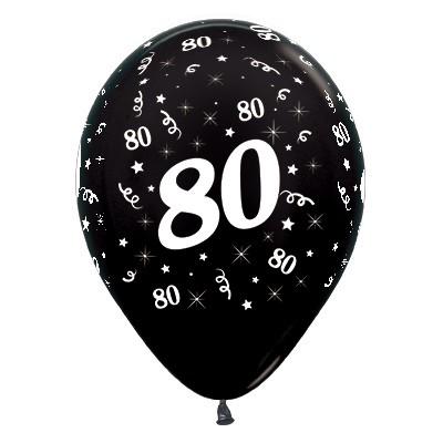 Latex Balloons 30cm Age 80 Black Metallic Pk/6