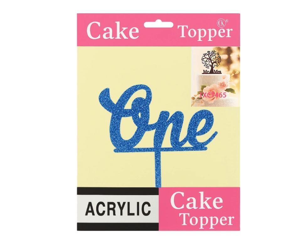 Cake Topper One Acrylic Brithday Blue Glitter Decoration