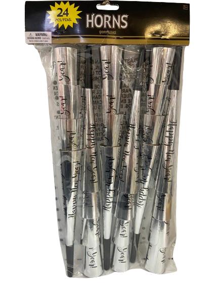Horns Noisemakers Happy New Year Pk/24 22cm Silver