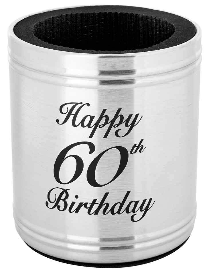 Gift Beer Stubbie Holder Stainless Steel Happy 60th Birthday Deluxe