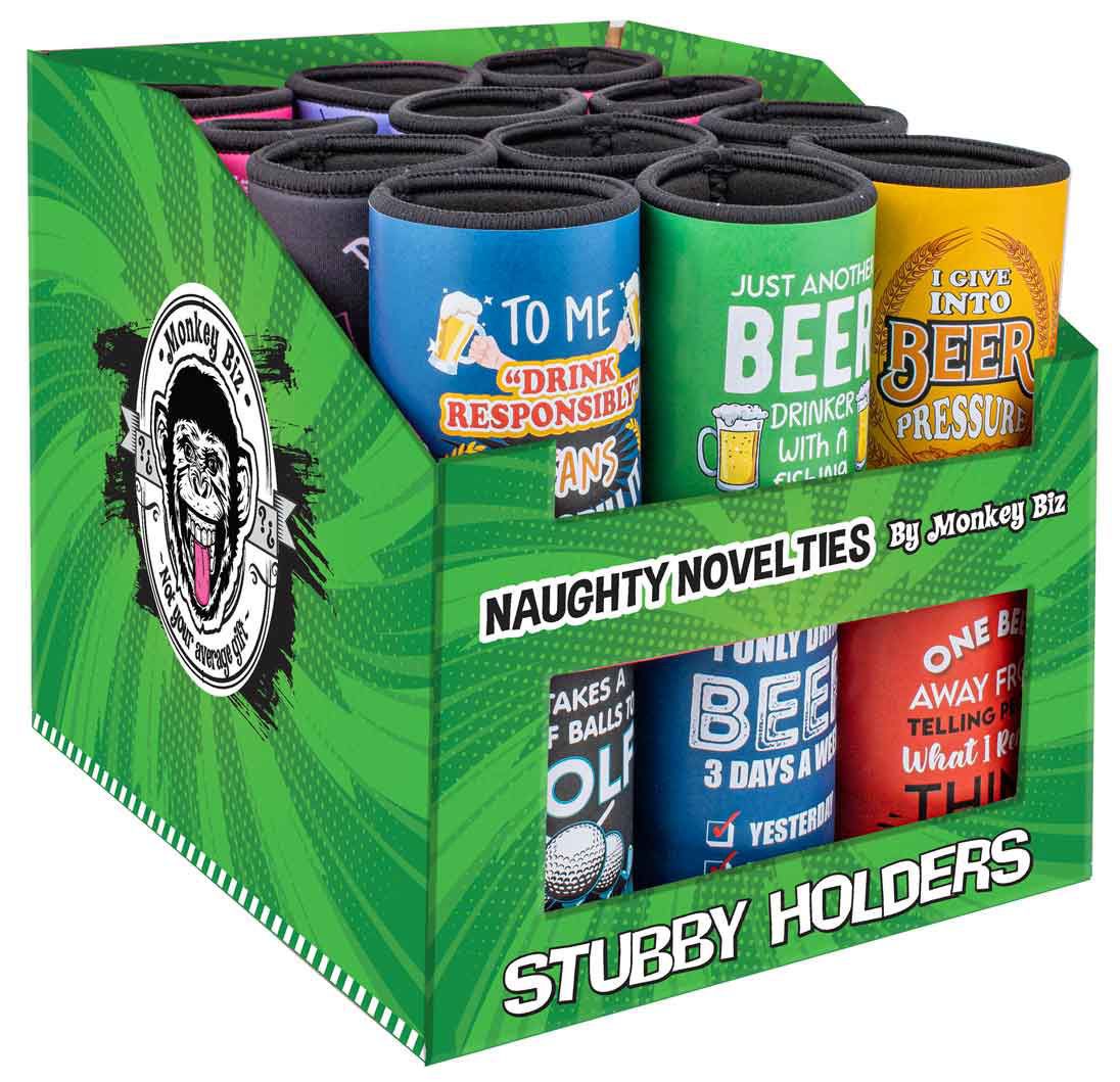 Gift Novelty Funny Beer Stubby Holder Monkey Biz Assorted Designs