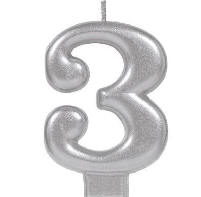 Candle Number 3 Metallic Silver 8cm Moulded