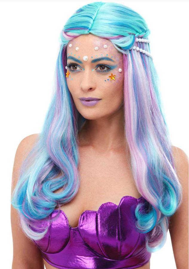 Wig Mermaid Blue With Coloured Streaks