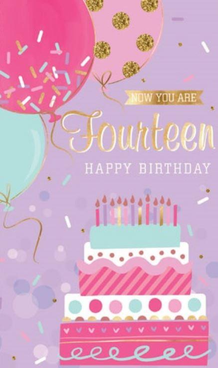 Greeting Card Happy 14th Birthday Pink Cake