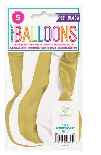 Latex Balloons 30cm 50th Golden Wedding Anniversary Gold & White Pk/5
