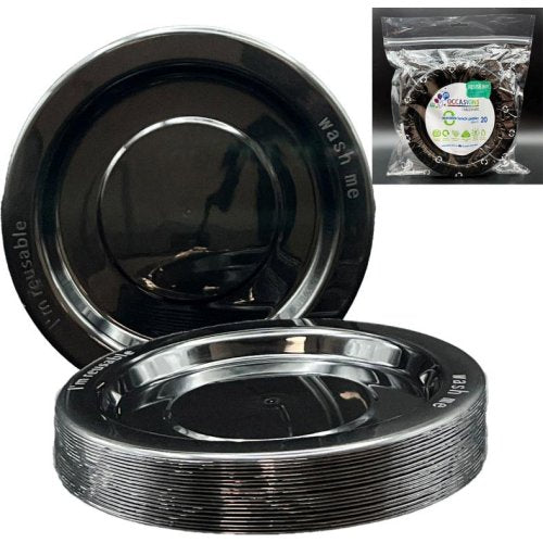 Plates 180mm Black Plastic Lunch Size Reusalbe Pk/20