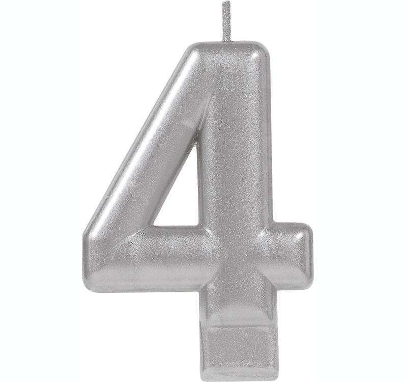 Candle Number 4 Metallic Silver 8cm Moulded