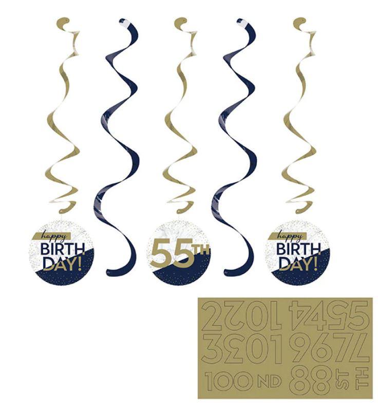 Navy & Gold Milestone Happy Birthday Any Age Hanging Swirls w/Stickers Pk/5