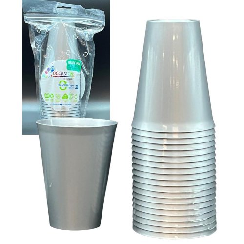 Cups Silver Reusable Plastic 285ml Pk/20