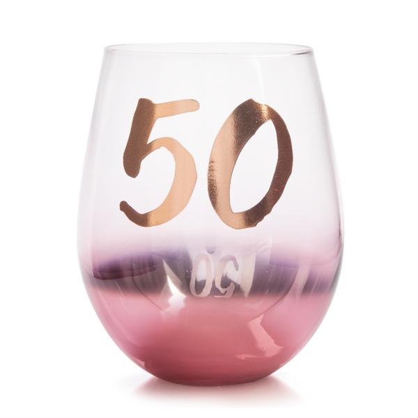 Glass Stemless 50th B/Day Blushl - Discontinued Line Last Chance