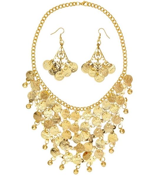 Costume Necklace & Earring Gold Coin Set Princess Egyptian/Greek/Roman