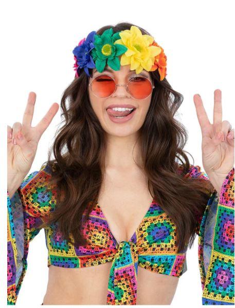 Headband/Crown Flower Multi Coloured Hippie Rainbow 1960s on Elastic