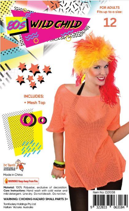 Costume Adult Mesh Top Neon Orange Adult 1980s Size 12