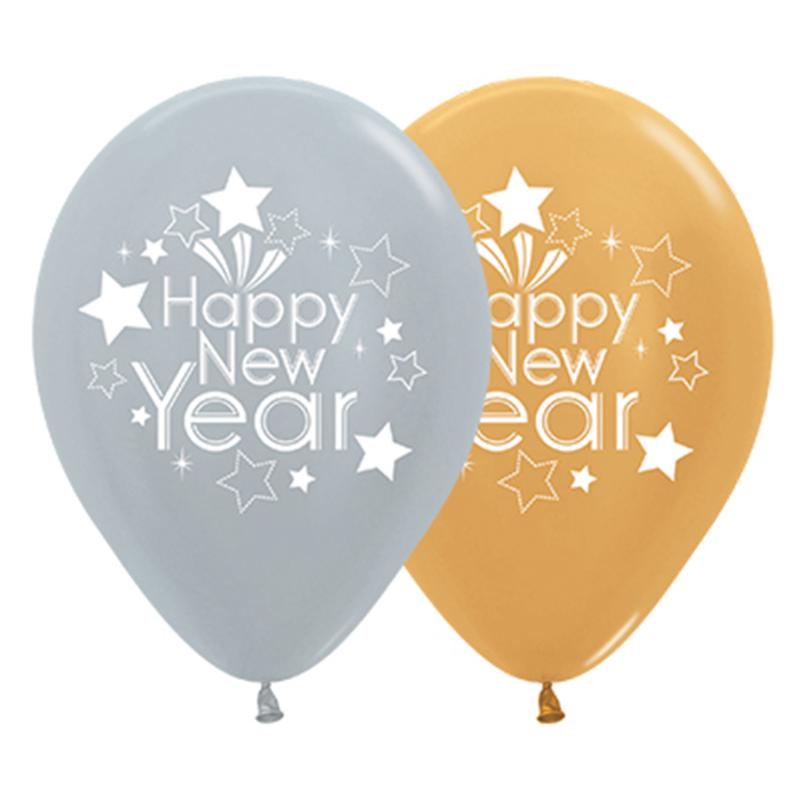 Balloons Latex 30cm Happy New Year Pk/25 Silver & Gold Assorted