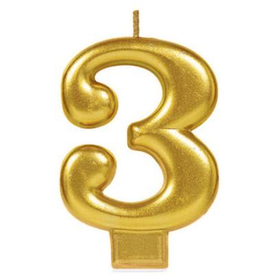 Candle Number 3 Metallic Gold 8cm Moulded