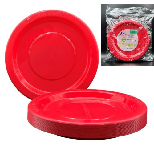 Plates 230mm Red Plastic Dinner Size Reusalbe Pk/20