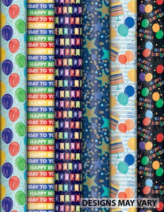 Gift Wrapping Paper Roll Birthday Assorted Mix 3m x 70cm Each