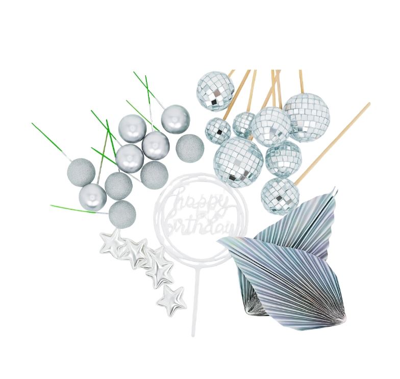 Cake Topper Decorating Happy Birthday Set Disco Silver