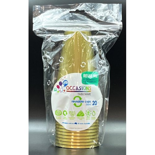 Cups Gold Reusable Plastic 285ml Pk 20