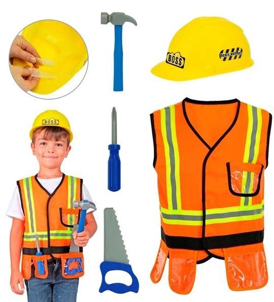 Costume Child Builder Set Fluro Hard Hat & Building Tools 5 Piece Set