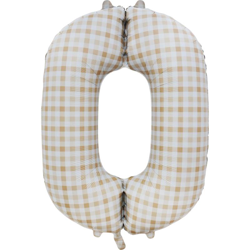 Balloon Foil Megaloon Number 0 Gingham Brown 86cm-Discontinued Line