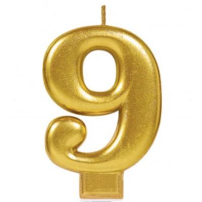 Candle Number 9 Metallic Gold 8cm Moulded