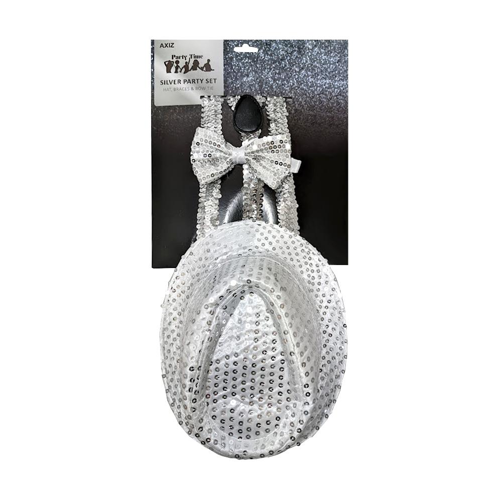 Showtime Silver Sequin Set Fedora Hat Bowtie and  Braces 1970s Disco1980s