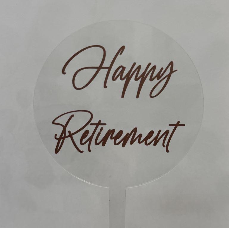 Topper Round Happy Retirement Clear - Script Rose Gold