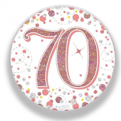 Badge 70th Birthday Sparkling Fizz Rose Gold 75mm Seventy