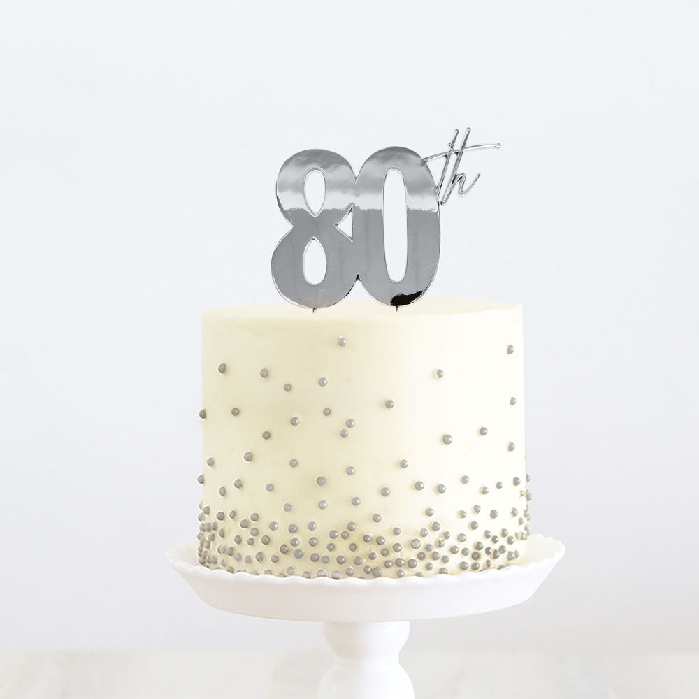 Cake Topper 80th Birthday Silver Metal 11cm X 9cm