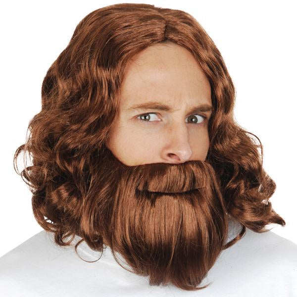 Wig & Beard Brown Wavy Jesus Costume Accessory