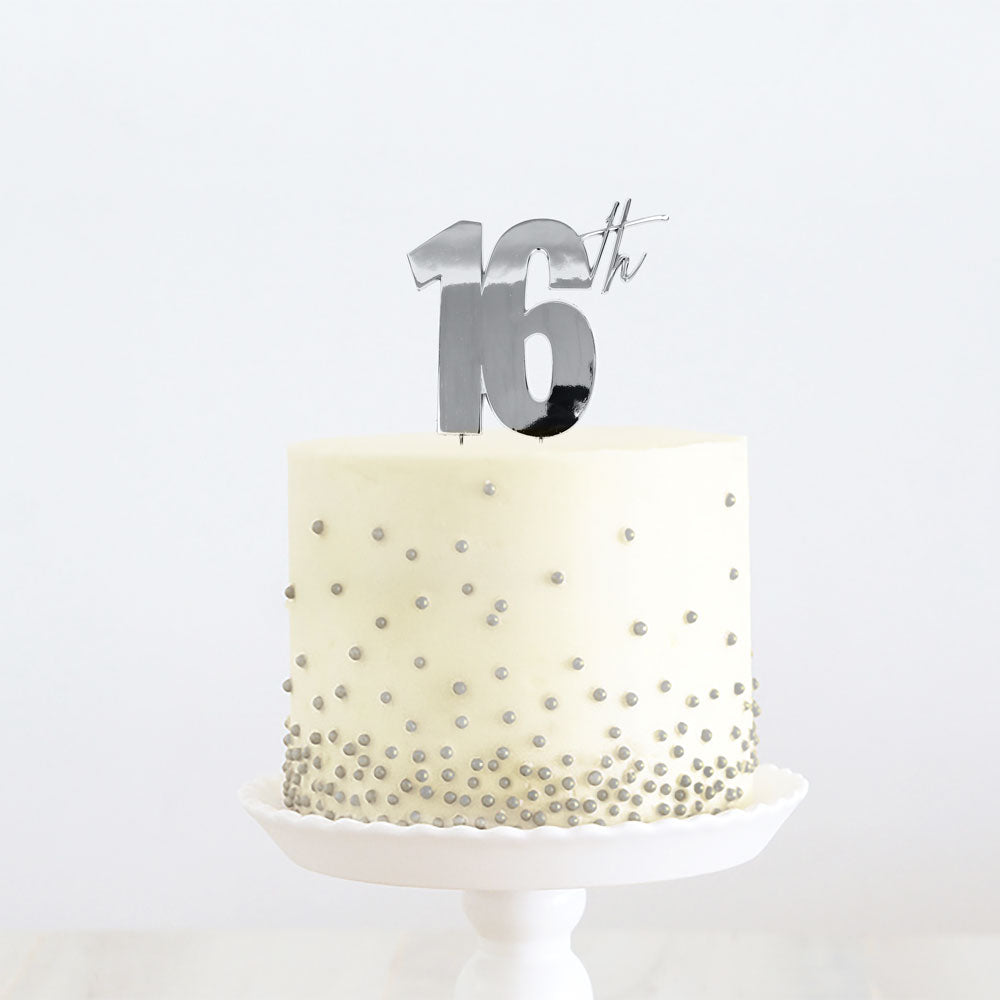 Cake Topper 16th Birthday Silver Metal 11cm X 9cm