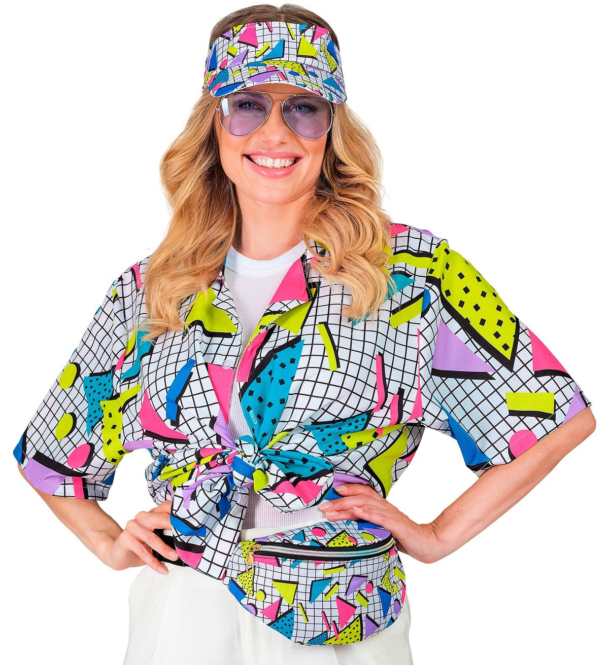 Costume Accessory Adult Funky Geometric White 1980 Visor Hat & Belt Bum Bag