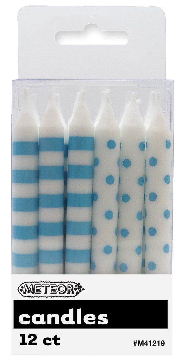 Cake Candle Powder Blue Dots/Stripes Pk/12 8cm High