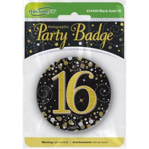 Badge 16th Birthday Sparkling Fizz Black/Gold 75mm Sixteen