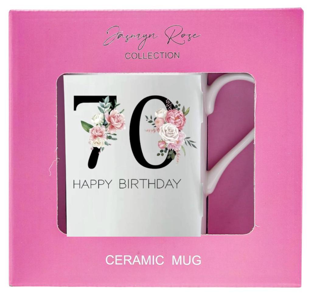 Mug White 70th Birthday Pink Floral Gift