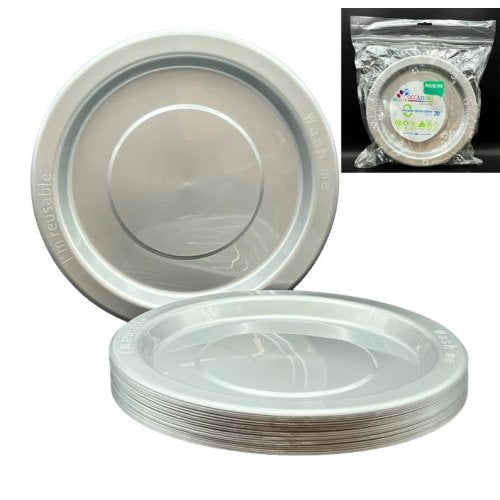 Plates 230mm Silver Plastic Dinner Size Reusalbe Pk/20