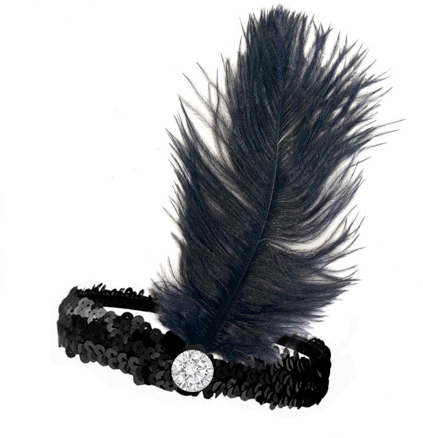 Headband 1920s Flapper Sequinned Black with Artifical Feather