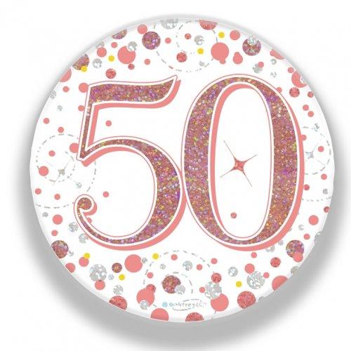 Badge 50th Birthday Sparkling Fizz Rose Gold 75mm Fifty