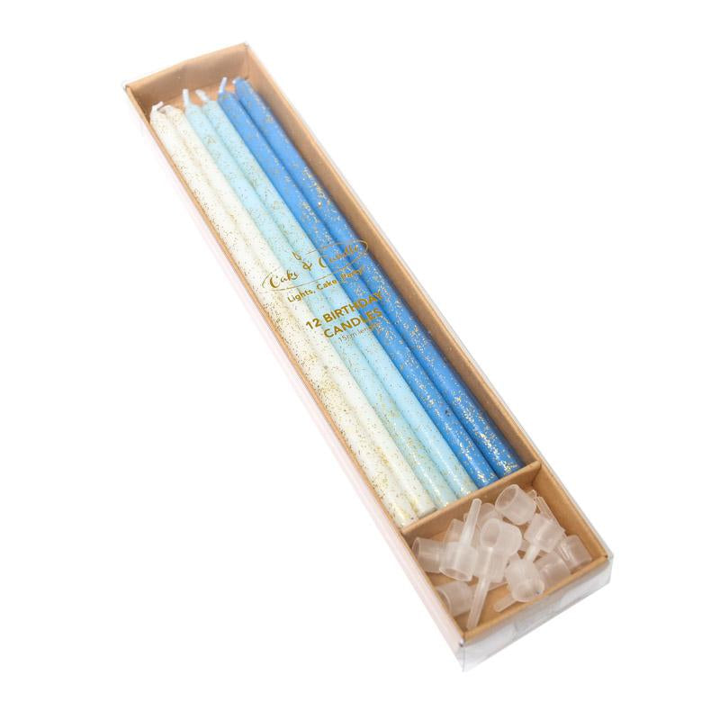 Cake Candles Blue Ombre Gold Glitter Pk12