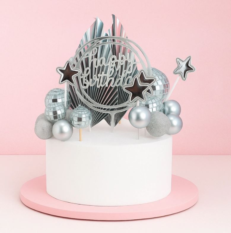 Cake Topper Decorating Happy Birthday Set Disco Silver