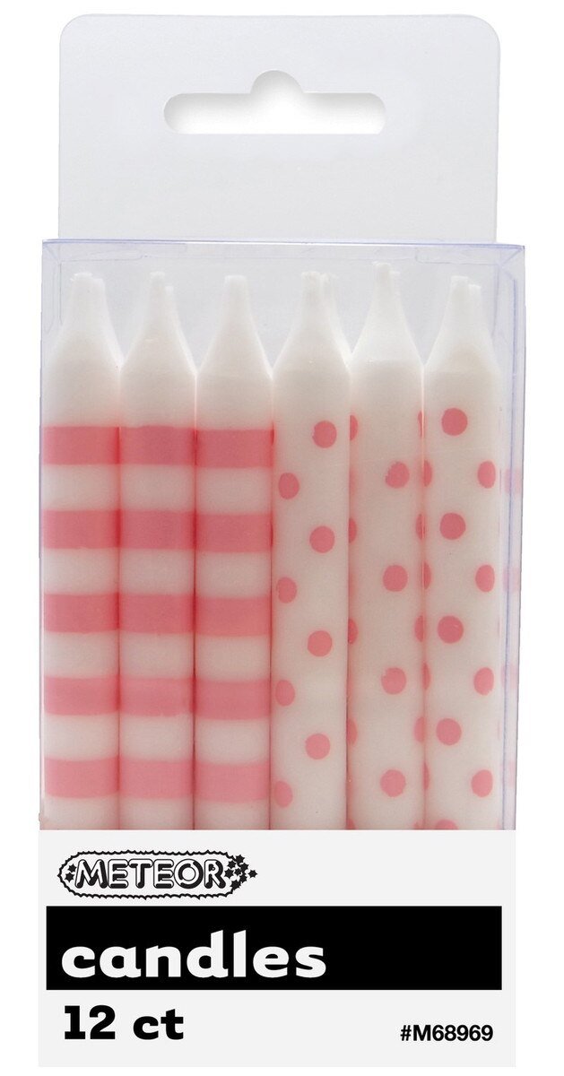 Cake Candle Lovely Pink Dots/Stripes Pk/12 8cm High