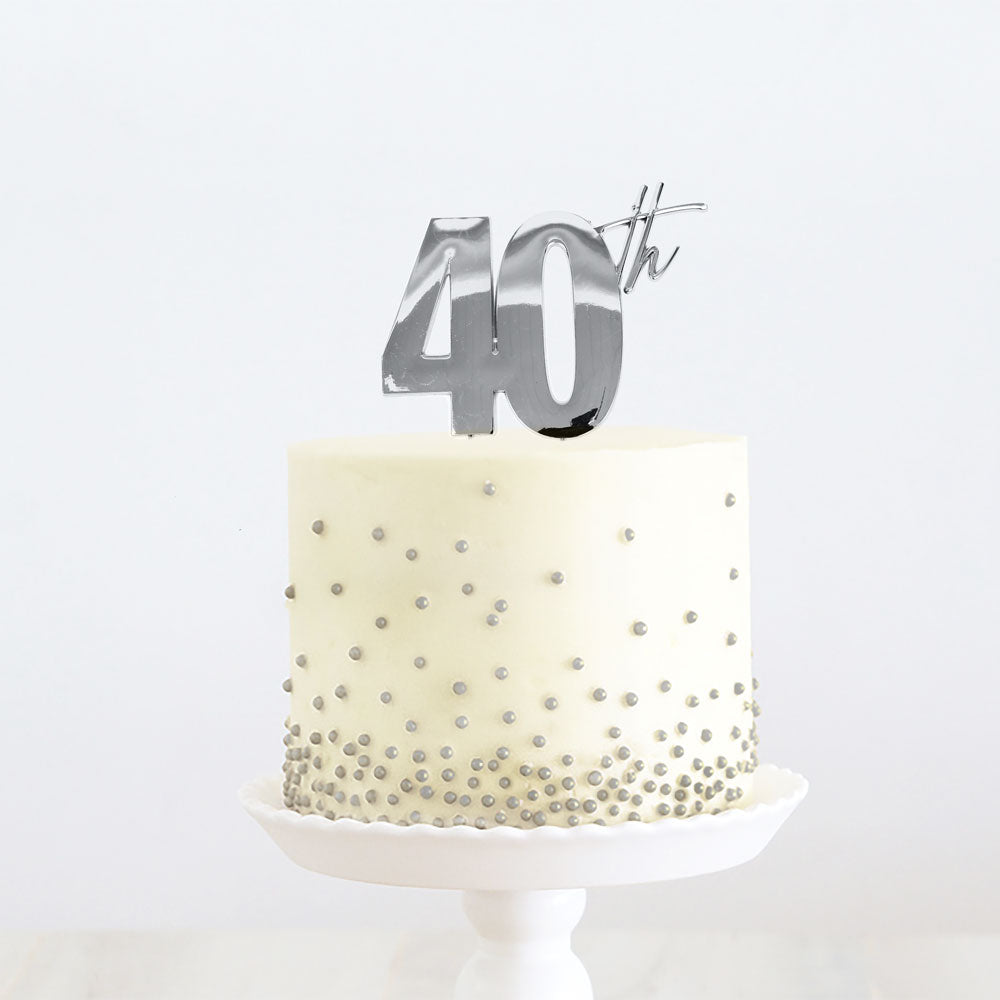 Cake Topper 40th Birthday Silver Metal 11cm X 9cm