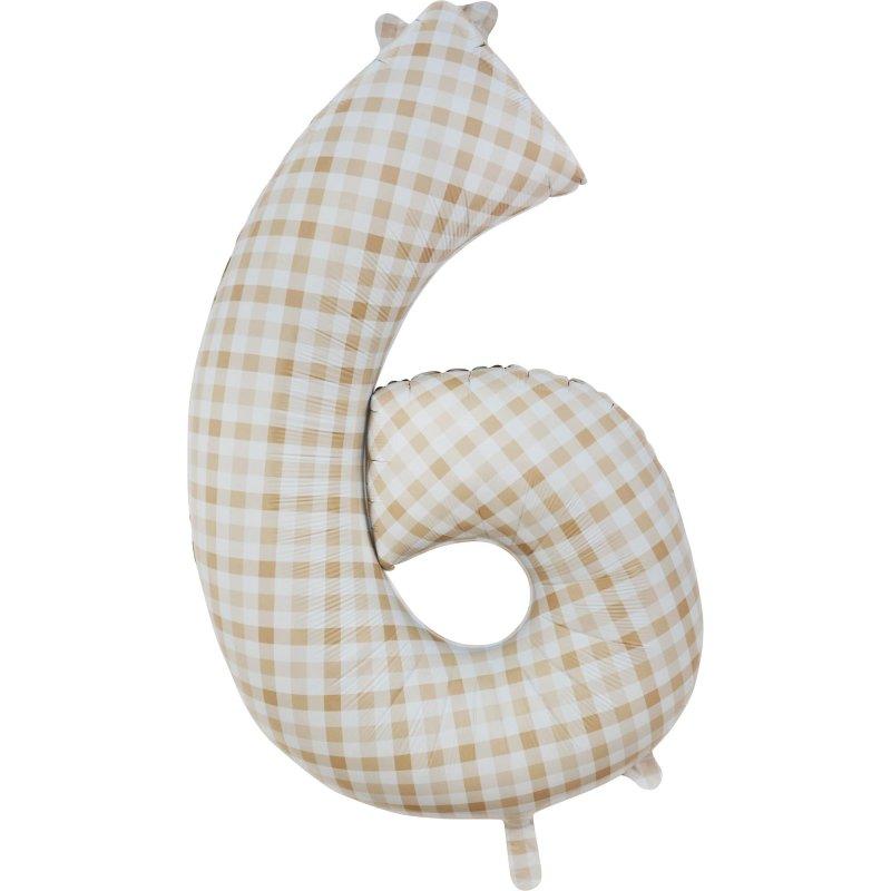 Balloon Foil Megaloon Number 6 Gingham Brown 86cm-Discontinued Line
