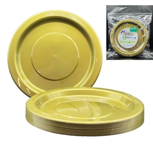 Plates 230mm Gold Plastic Dinner Size Reusalbe Pk/20